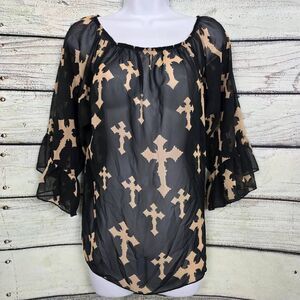 New Mode Sheer Cross Print Blouse Black Beige L